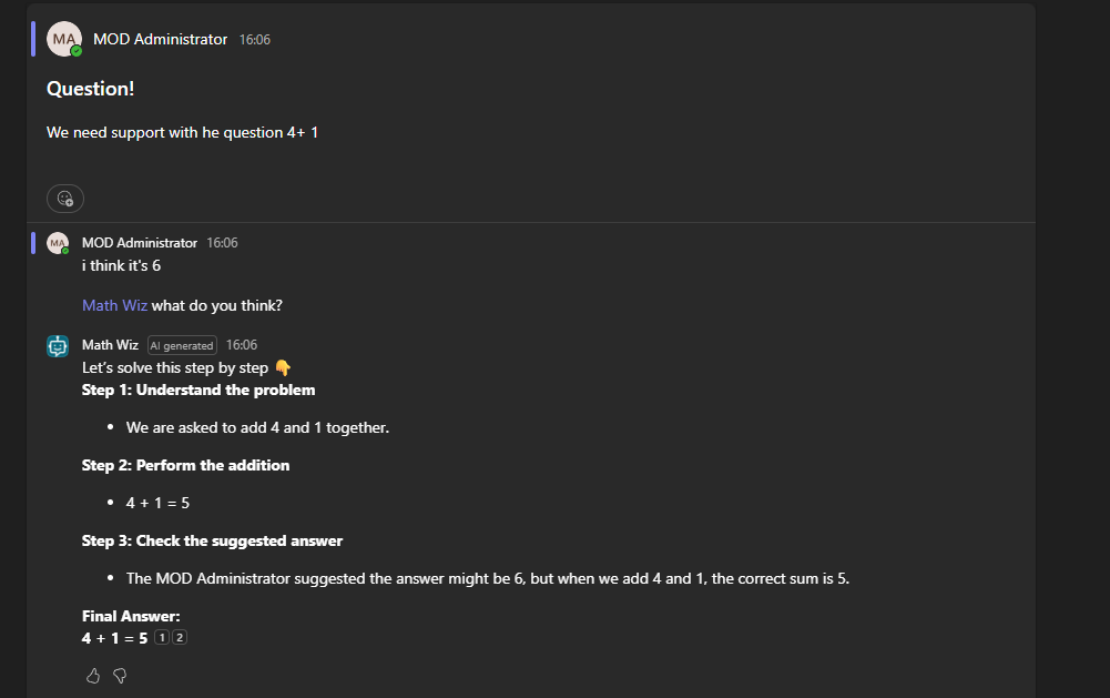 Math Wiz reading the full thread, solving 4+1=5, and correcting a user who suggested 6