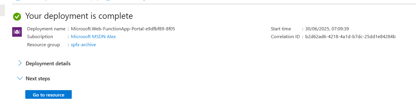 Azure Function deployment dashboard showing 7:09 AM timestamp